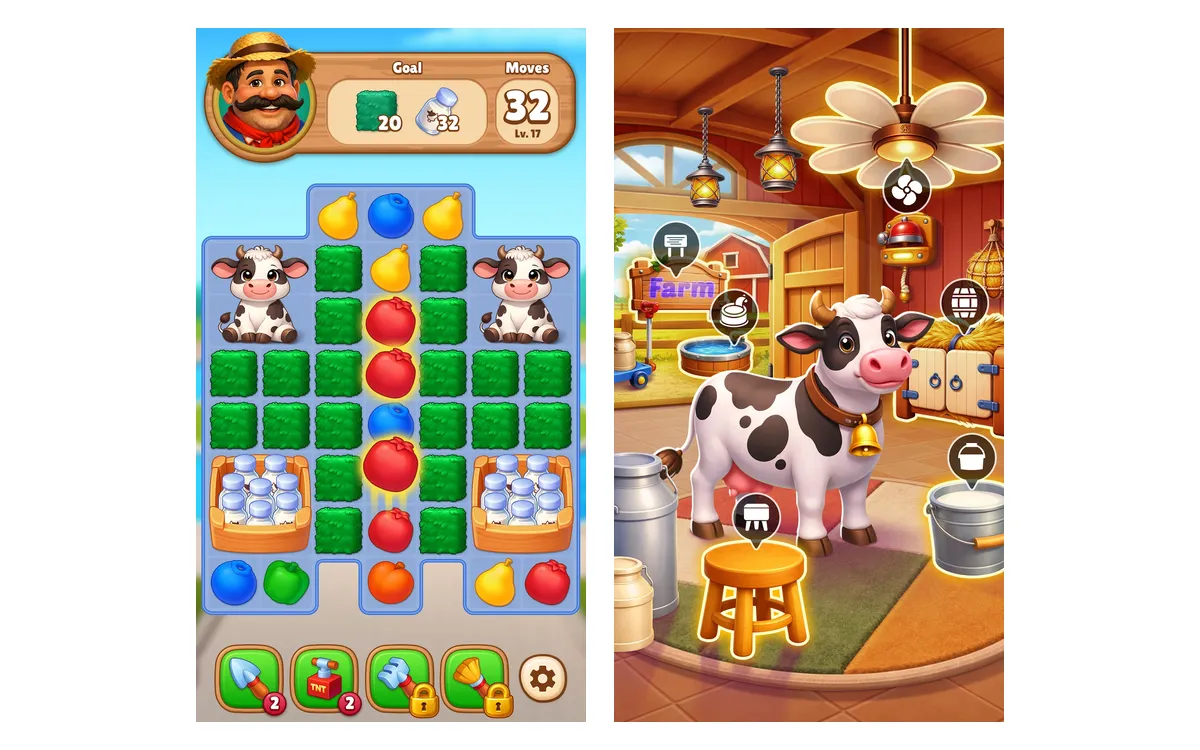 Schermate di Farm Match 3: Puzzle & Harvest con la griglia di simboli agricoli, il contatore delle mosse e la stalla della fattoria
