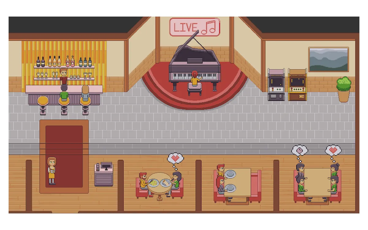 Schermata di KitchenCraft in pixel art con la sala del ristorante, i tavoli apparecchiati e la cucina sullo sfondo