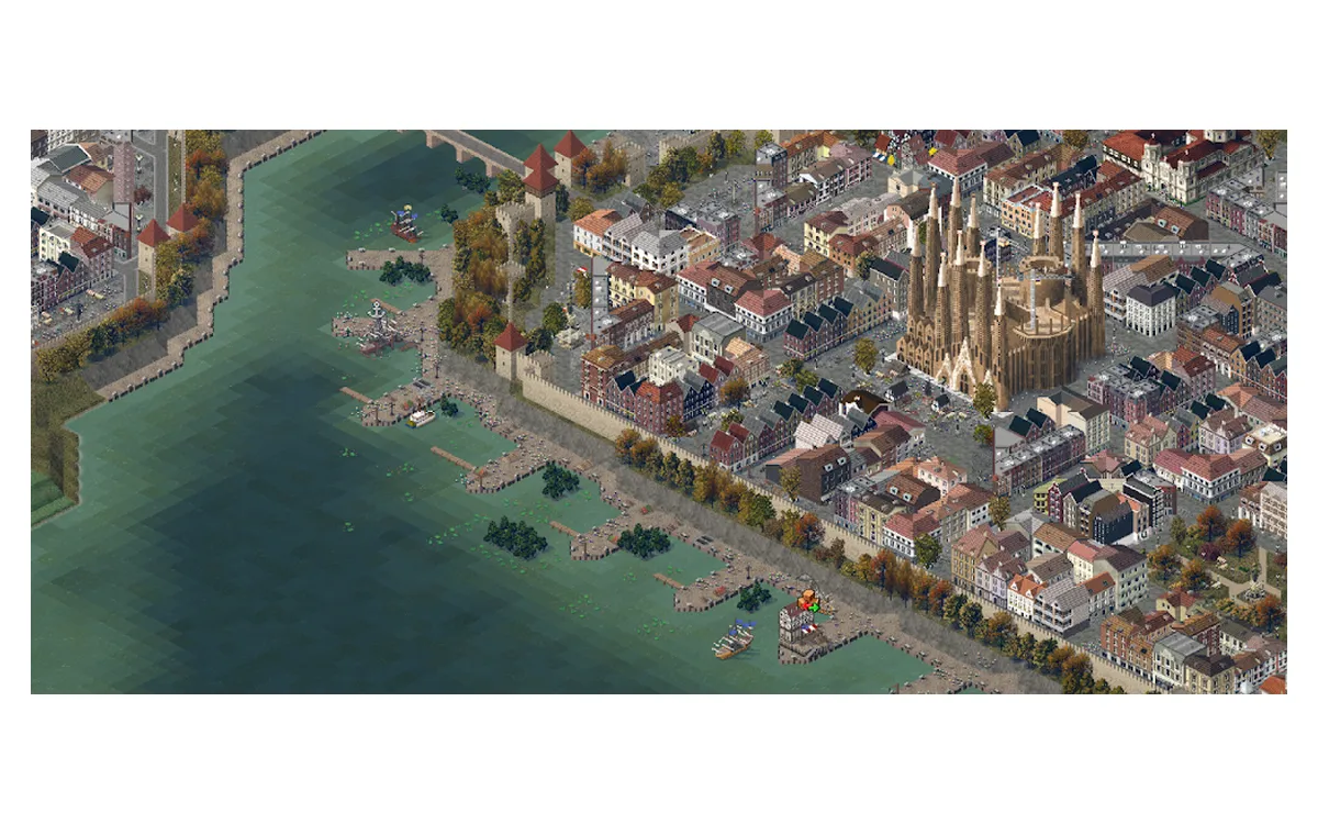 Schermata di TheoTown: City Builder con una città in pixel art affacciata sul mare
